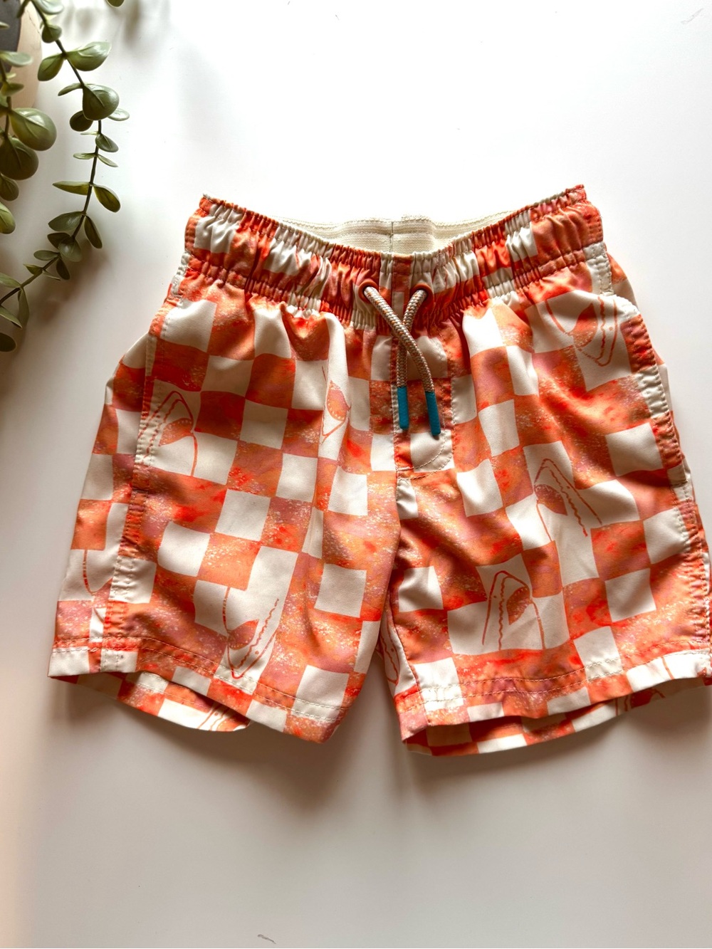 Cat & Jack Boys Swim Trunks XS 4/5 Orange Checkerboard Shark Print Swim Shorts